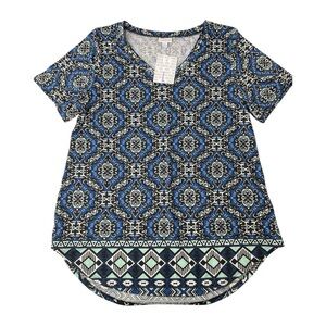 LuLaRoe Blue and Black Iris Patterned Fleur De‎ Lis Short Sleeve Shirt Large NEW